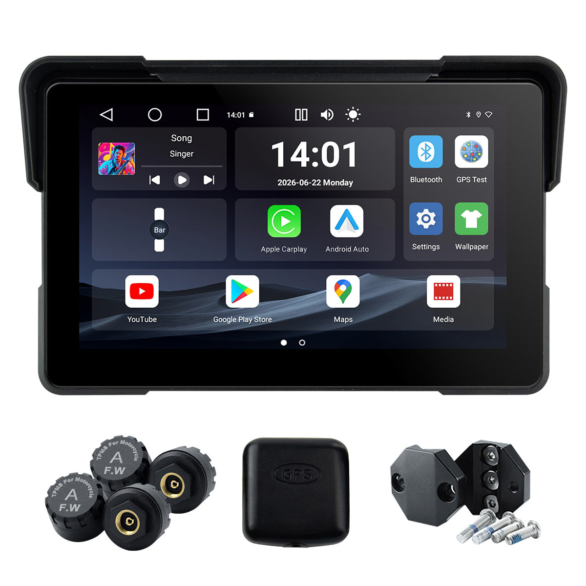Linkifun™ MT22 7インチ Android 13 オートバイ用ナビゲーションスクリーン(ワイヤレスCarPlay&Android Auto、GPS、自動回転、Google Play対応、オプションのTPMS、IP67)
