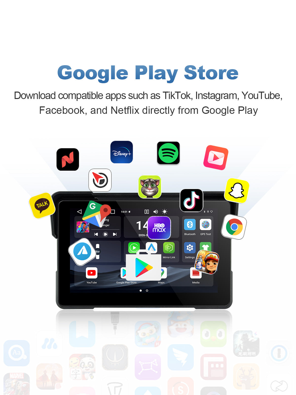Linkifun MT22 7-inch motorcycle navigation screen with Google Play Store access for downloading compatible navigation, music, social media, and entertainment apps