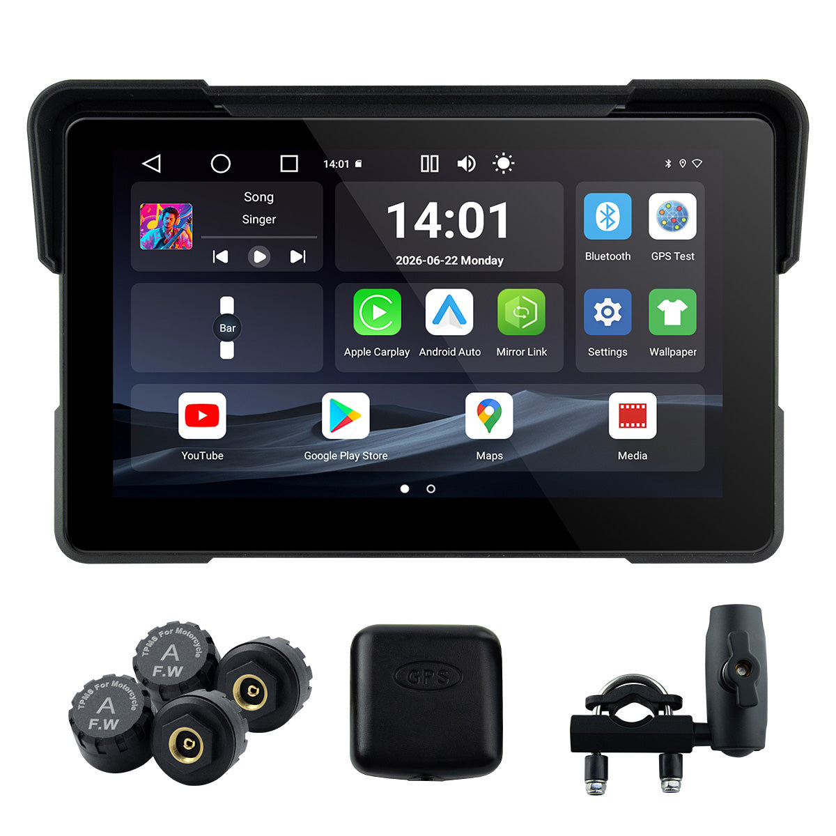 Linkifun™ MT22 7" Android 13 Motorcycle Navigation Screen with Wireless CarPlay & Android Auto, GPS, Auto-Rotation, Google Play, Optional TPMS & IP67