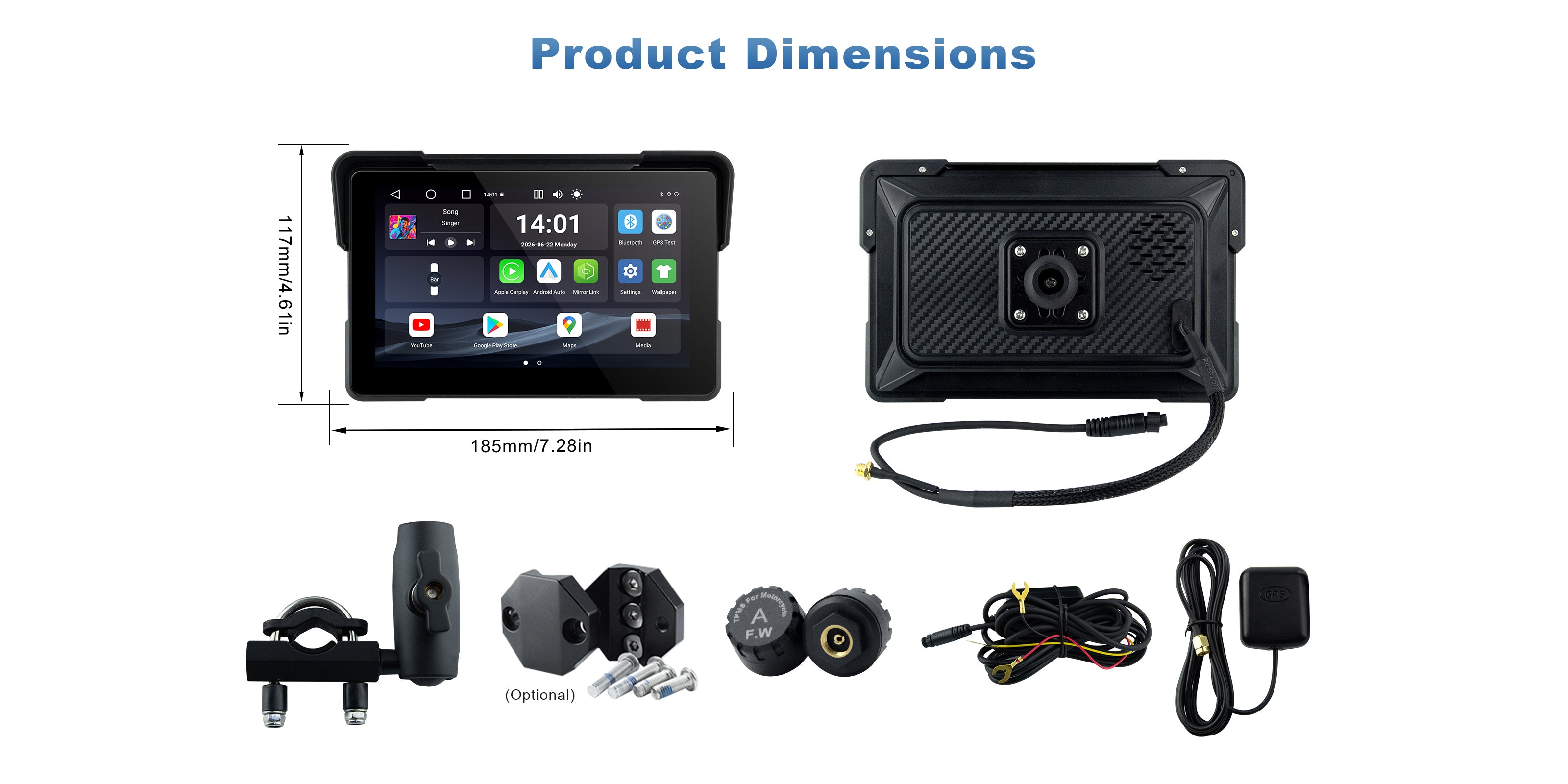 Linkifun MT22 7-inch motorcycle navigation screen showing product dimensions, front and rear views, mounting brackets, optional TPMS sensors, power cable, and GPS antenna