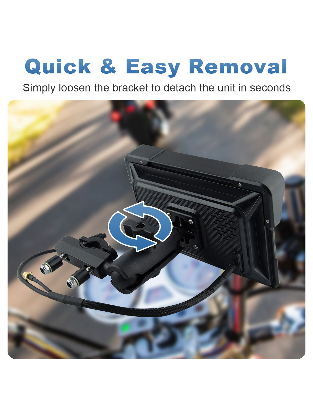 Linkifun MT22 7-inch motorcycle navigation screen with quick-release mounting bracket for easy installation and removal