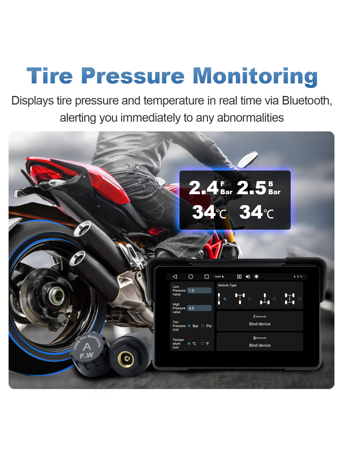 Linkifun MT22 7-inch motorcycle navigation screen with optional Bluetooth TPMS showing real-time tire pressure and temperature for 2–4 wheel motorcycles