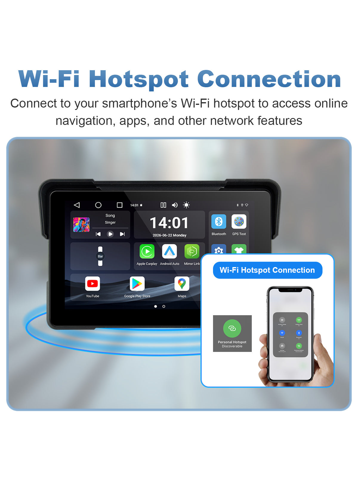 Linkifun MT22 7-inch motorcycle navigation screen connected to a smartphone Wi-Fi hotspot for online navigation, apps, music, and network features