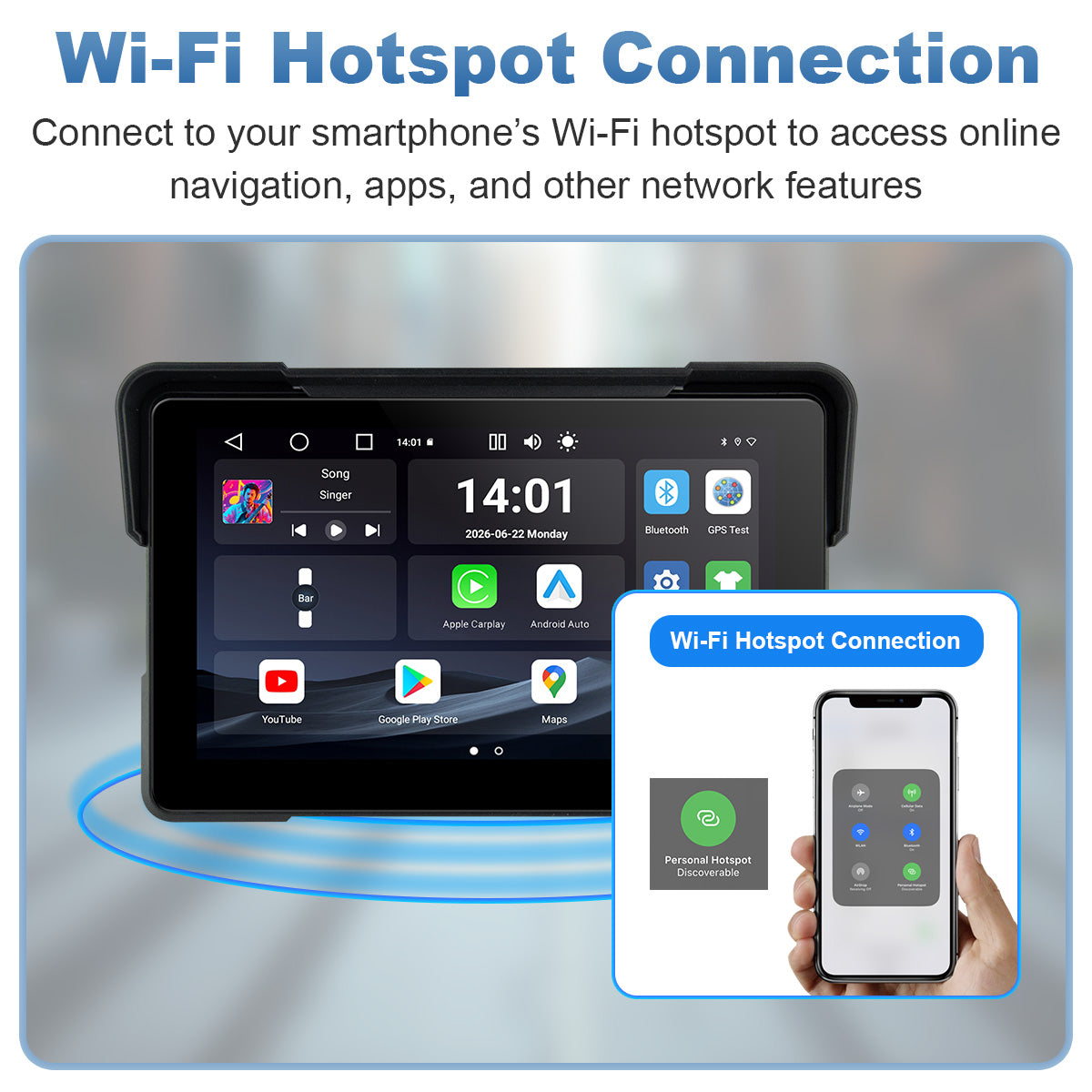 Linkifun™ MT22 7インチ Android 13 オートバイ用ナビゲーションスクリーン(ワイヤレスCarPlay&Android Auto、GPS、自動回転、Google Play対応、オプションのTPMS、IP67)