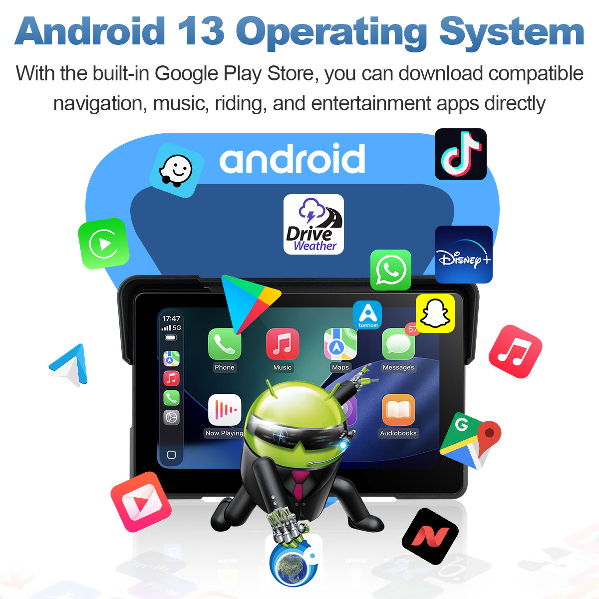 Linkifun™ MT22 7インチ Android 13 オートバイ用ナビゲーションスクリーン(ワイヤレスCarPlay&Android Auto、GPS、自動回転、Google Play対応、オプションのTPMS、IP67)