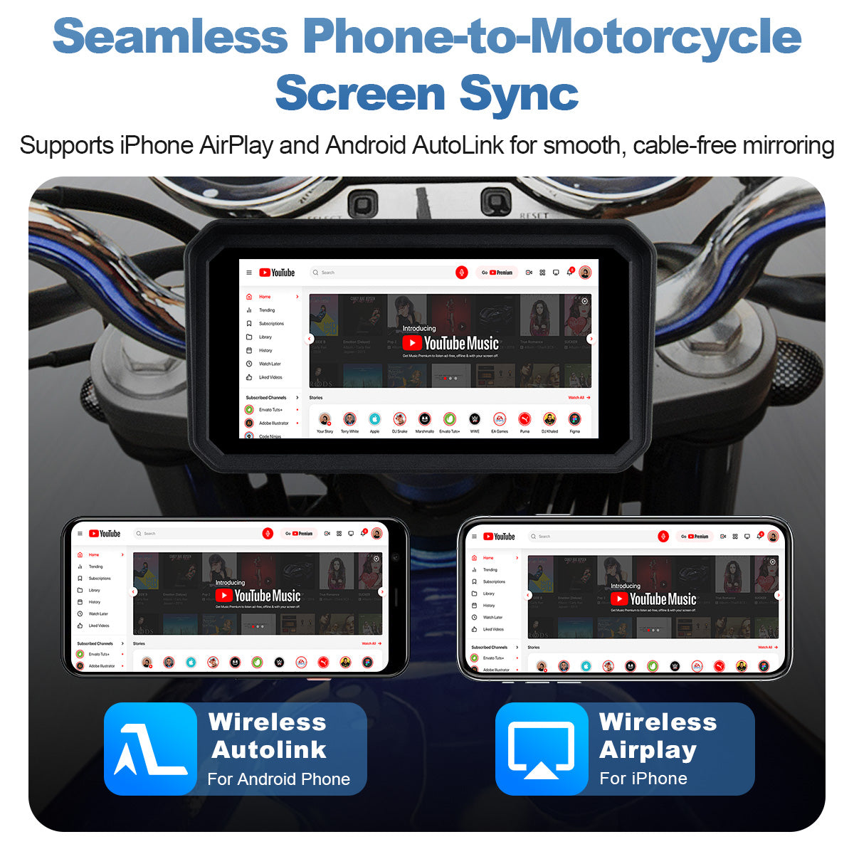 Linkifun™ MT23 6" Android 14 Motorcycle Navigation Screen with Wireless CarPlay & Android Auto, Dual 1080P DVR, 4G SIM, GPS, TPMS, Parking Monitoring & Split Screen