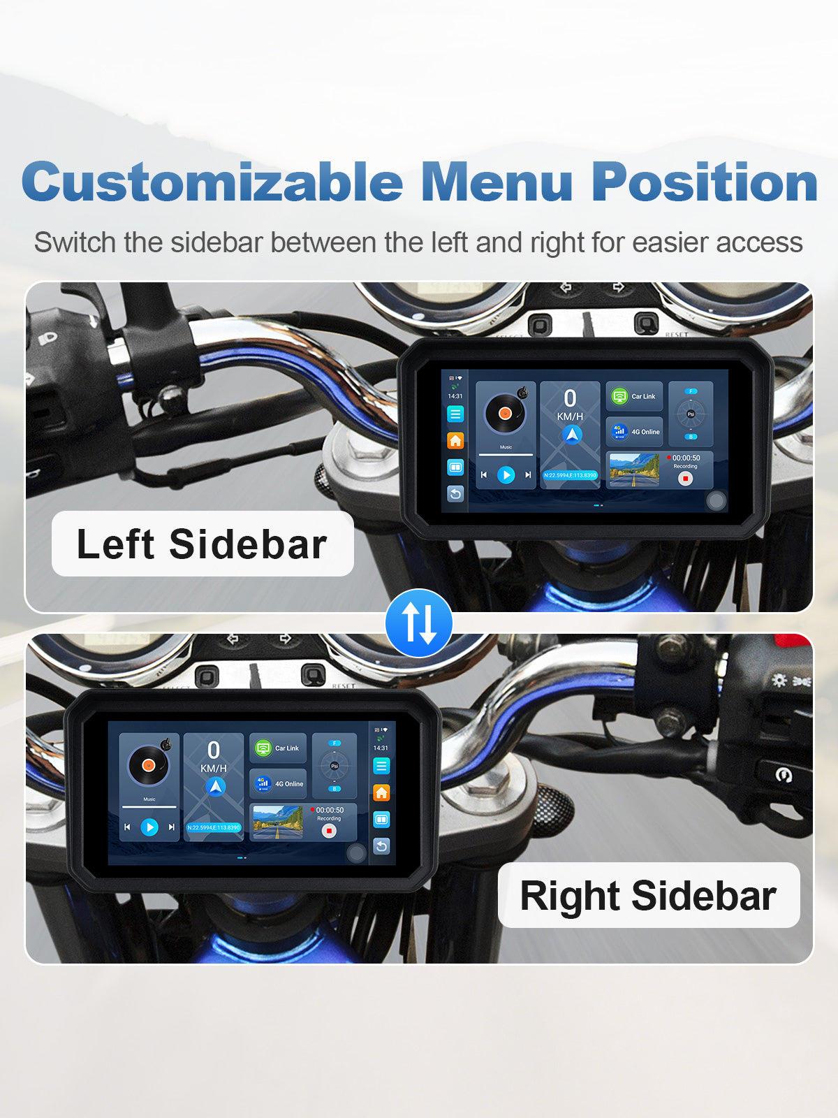 Linkifun MT23 motorcycle navigation screen with an adjustable sidebar menu that can be positioned on the left or right side.