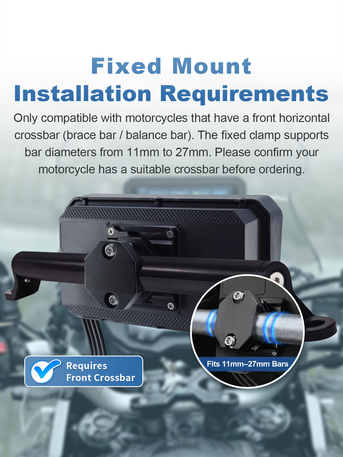 Linkifun MT23 motorcycle navigation screen with a fixed mounting bracket for 11–27 mm front horizontal crossbars.