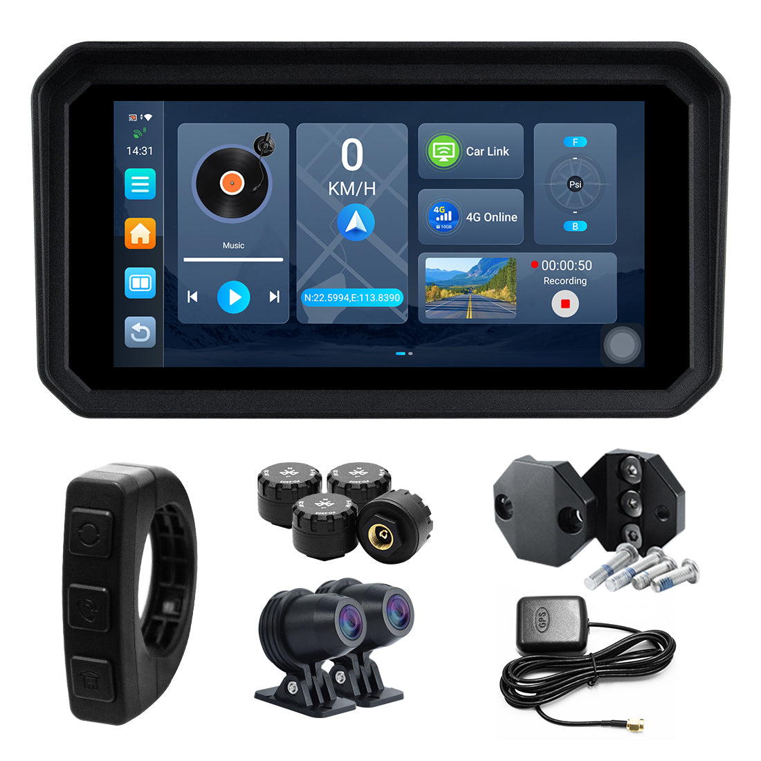 Linkifun™ MT23 6" Motorcycle Dash Cam with Wireless CarPlay/Android Auto, Android 14, SIM Support, TPMS, Odometer, GPS, DVR, Magnetic Mount
