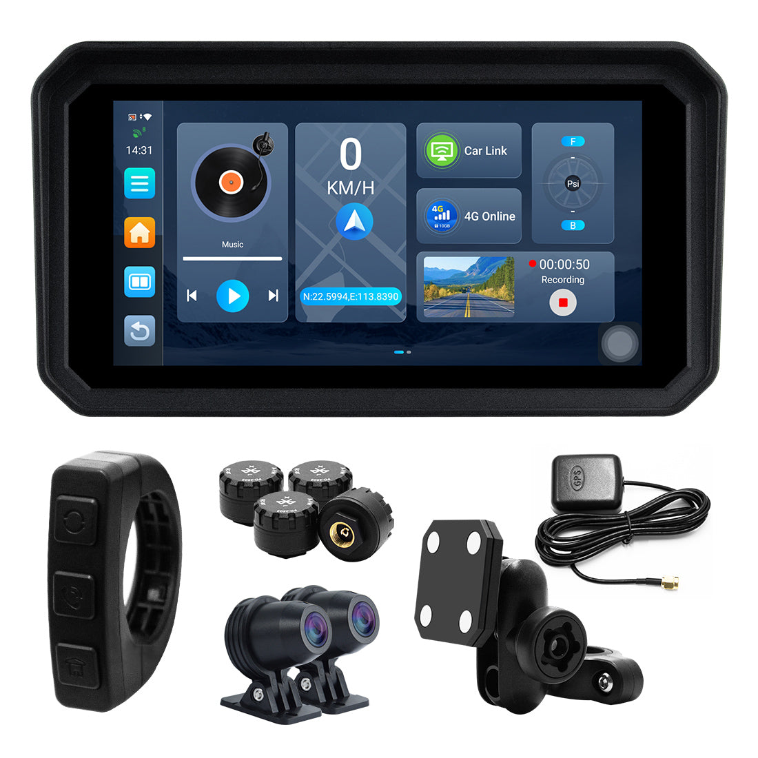 Linkifun™ MT23 6" Motorcycle Dash Cam with Wireless CarPlay/Android Auto, Android 14, SIM Support, TPMS, Odometer, GPS, DVR, Magnetic Mount