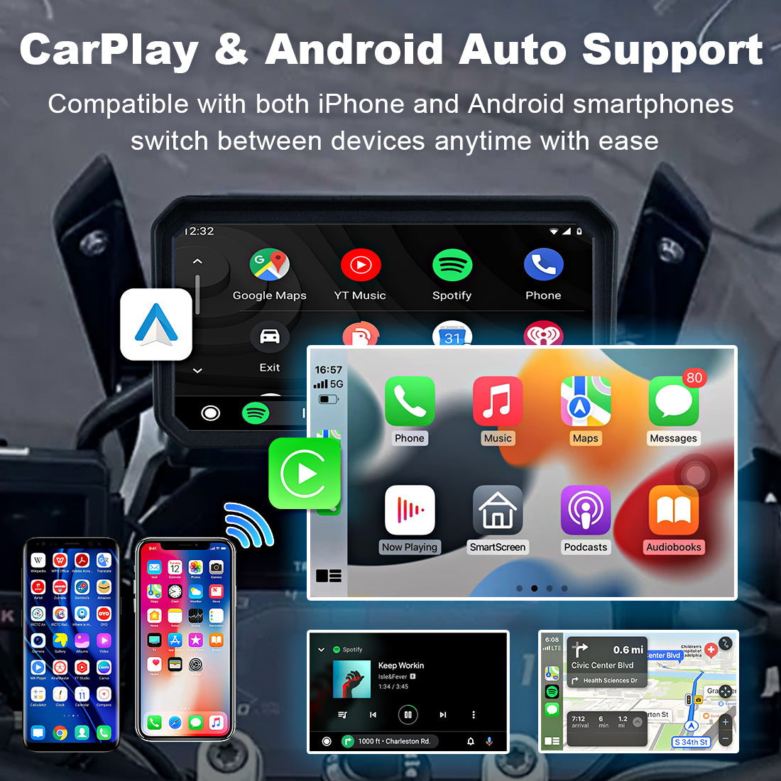 Linkifun MT23 motorcycle dash cam supports wireless CarPlay and Android Auto for easy smartphone connectivity.