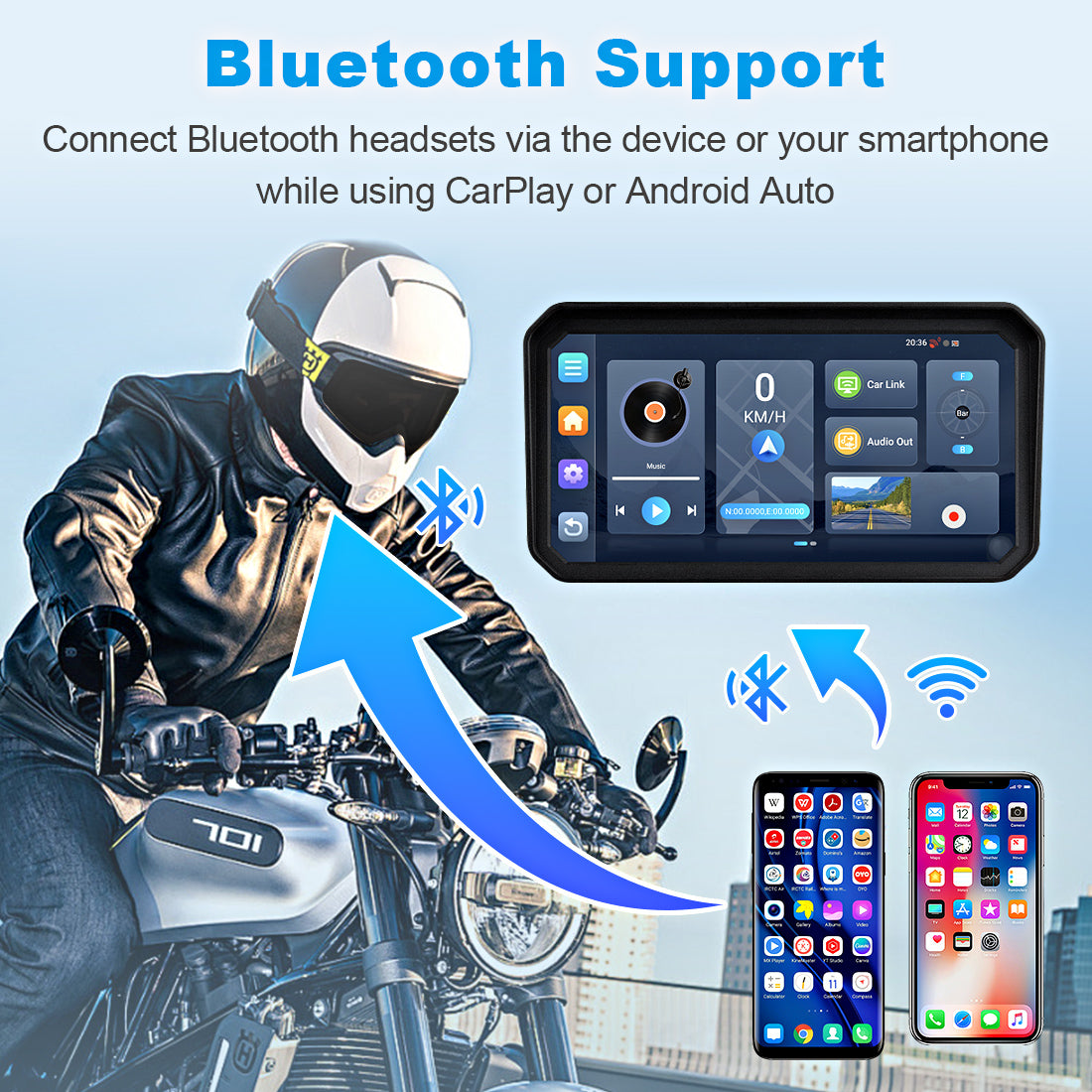 Linkifun MT23 motorcycle navigation screen with Bluetooth TPMS, includes 2 sensors and supports extra accessories for multi-bike setups.