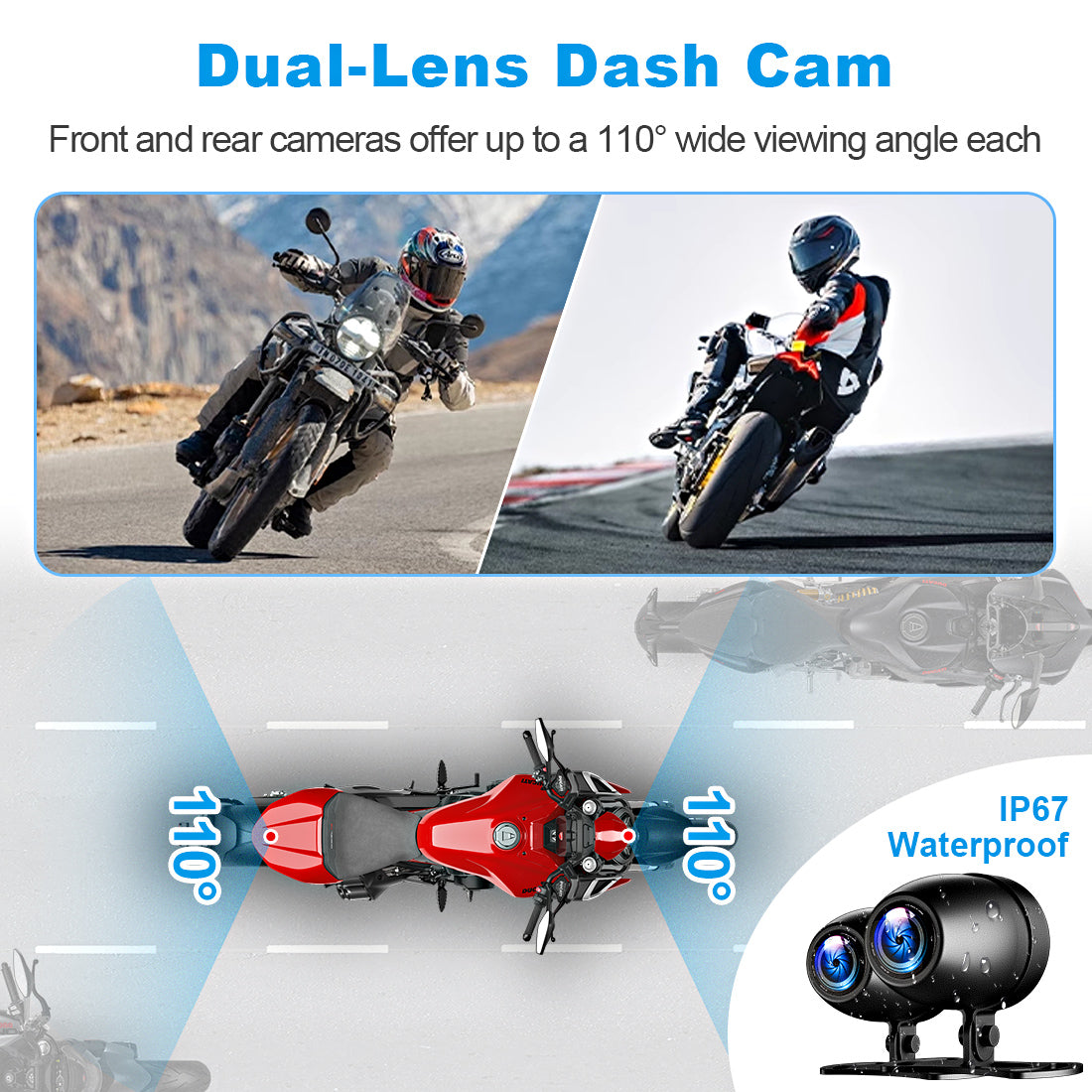 Linkifun MT23 motorcycle navigation screen with IP67 waterproof AHD 1080P front and rear dual cameras and 110° wide-angle recording.
