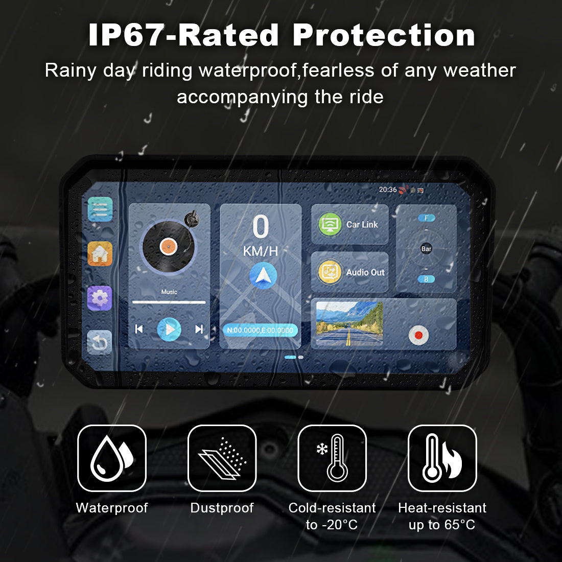 Linkifun MT23 motorcycle navigation screen with IP67 waterproof rating for reliable use in all weather conditions.