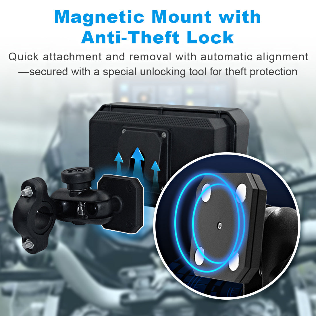 Linkifun MT23 motorcycle navigation screen with magnetic mount, quick-release design, and anti-theft locking mechanism.