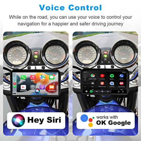 Linkifun MT23 motorcycle navigation screen supports voice control via Siri and Google Assistant for navigation, music, calls, and more.