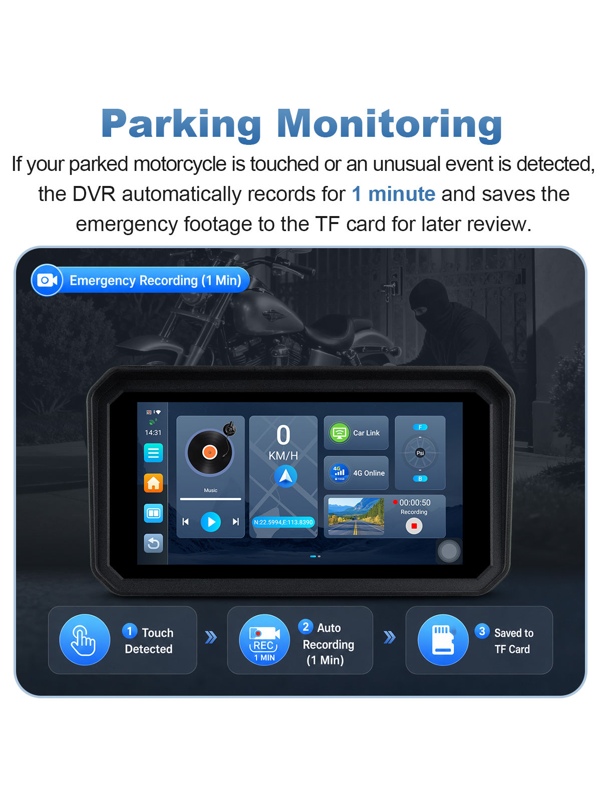 Linkifun MT23 motorcycle navigation screen with ACC parking monitoring, collision-triggered one-minute DVR recording, and emergency footage saved to a TF card.