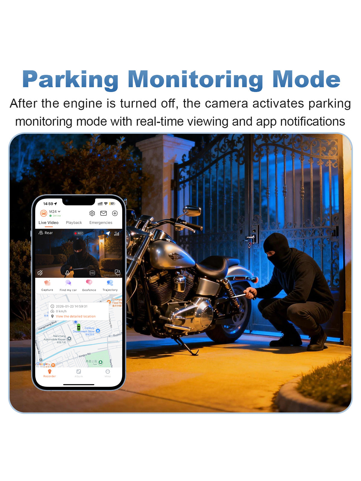 Linkifun MT24 7 inch 4G motorcycle dash cam navigation screen parking monitoring mode with app notification
