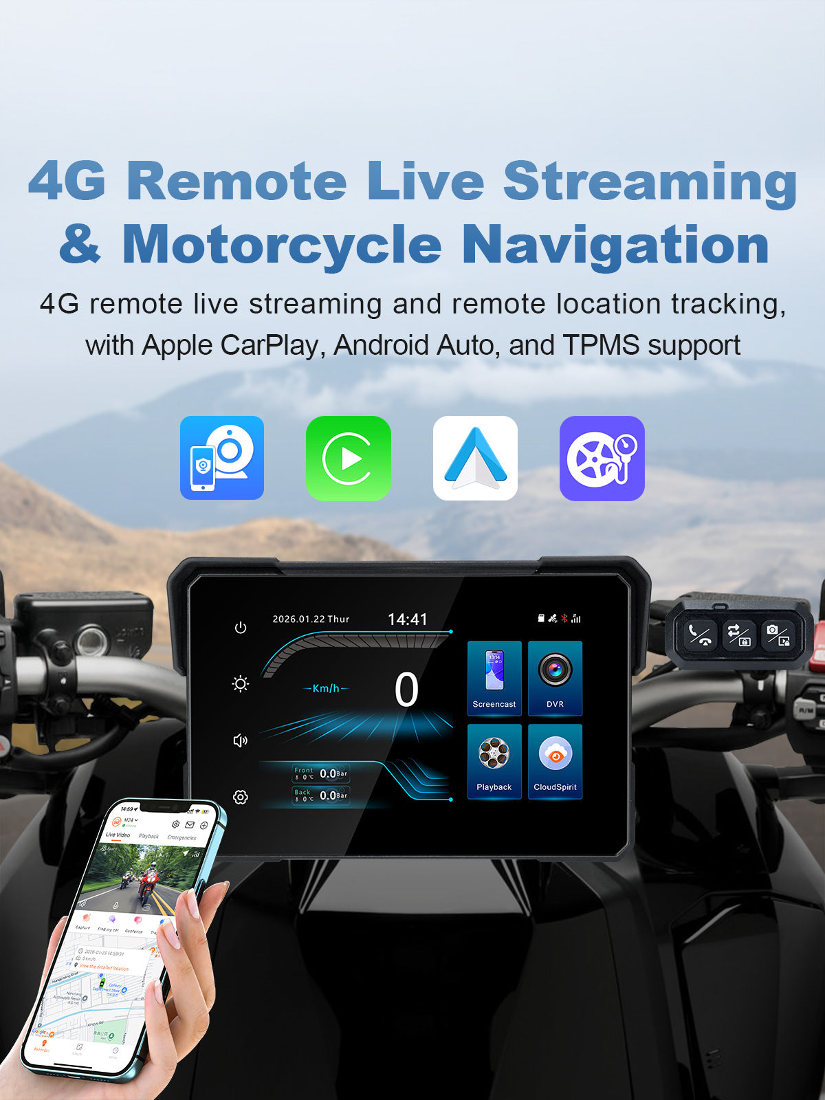 Linkifun MT24 7 inch 4G motorcycle dash cam navigation screen with remote live streaming and location tracking
