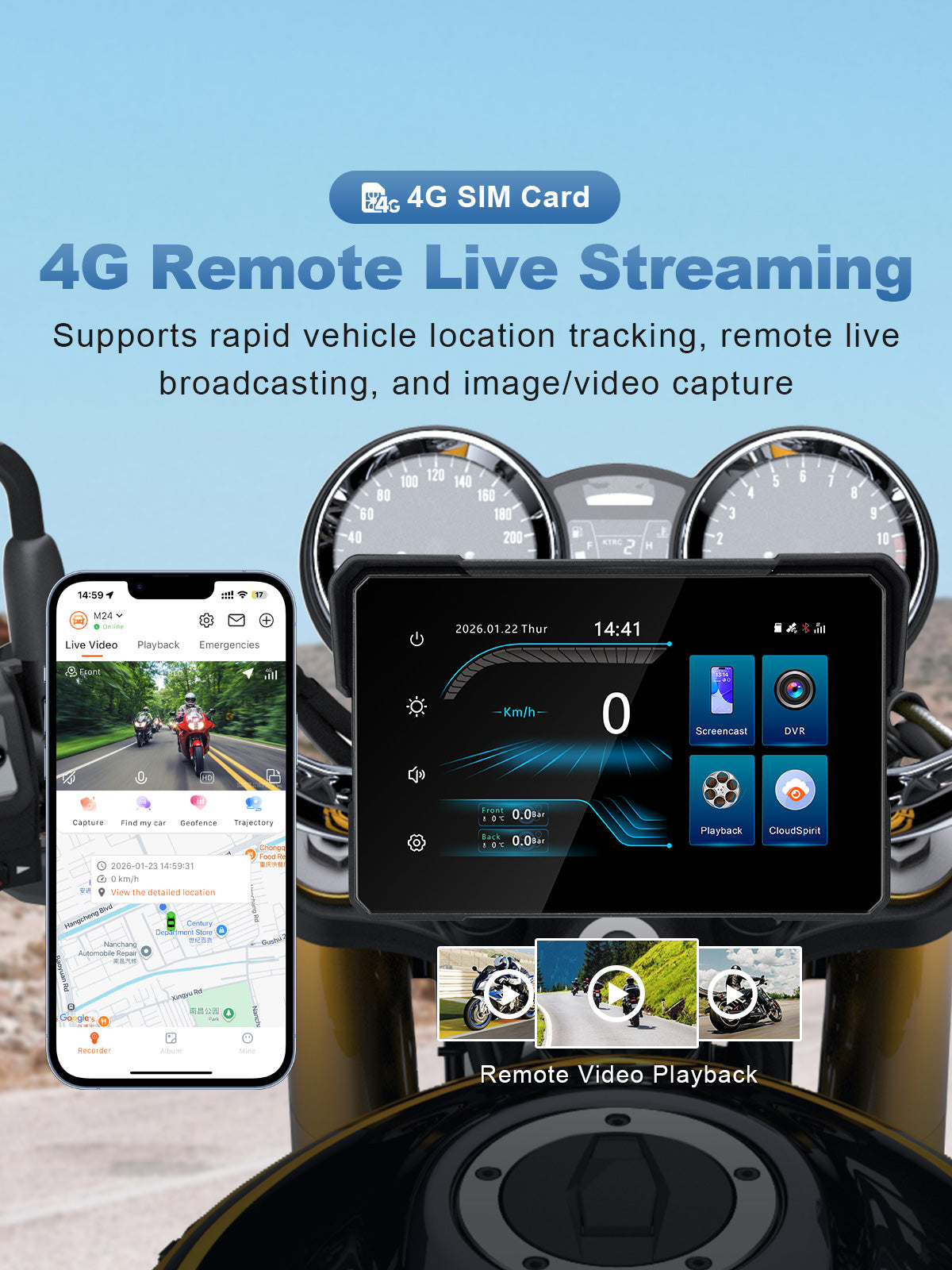 Linkifun MT24 7 inch 4G motorcycle dash cam navigation screen with remote live streaming and location tracking
