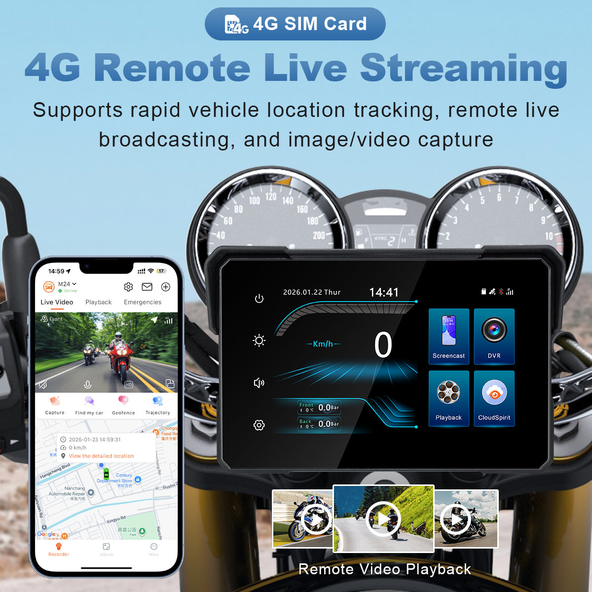 Linkifun™ MT24 7" 4G Motorcycle Smart Display – Wireless CarPlay & Android Auto, Remote Live Streaming, GPS, DVR & TPMS