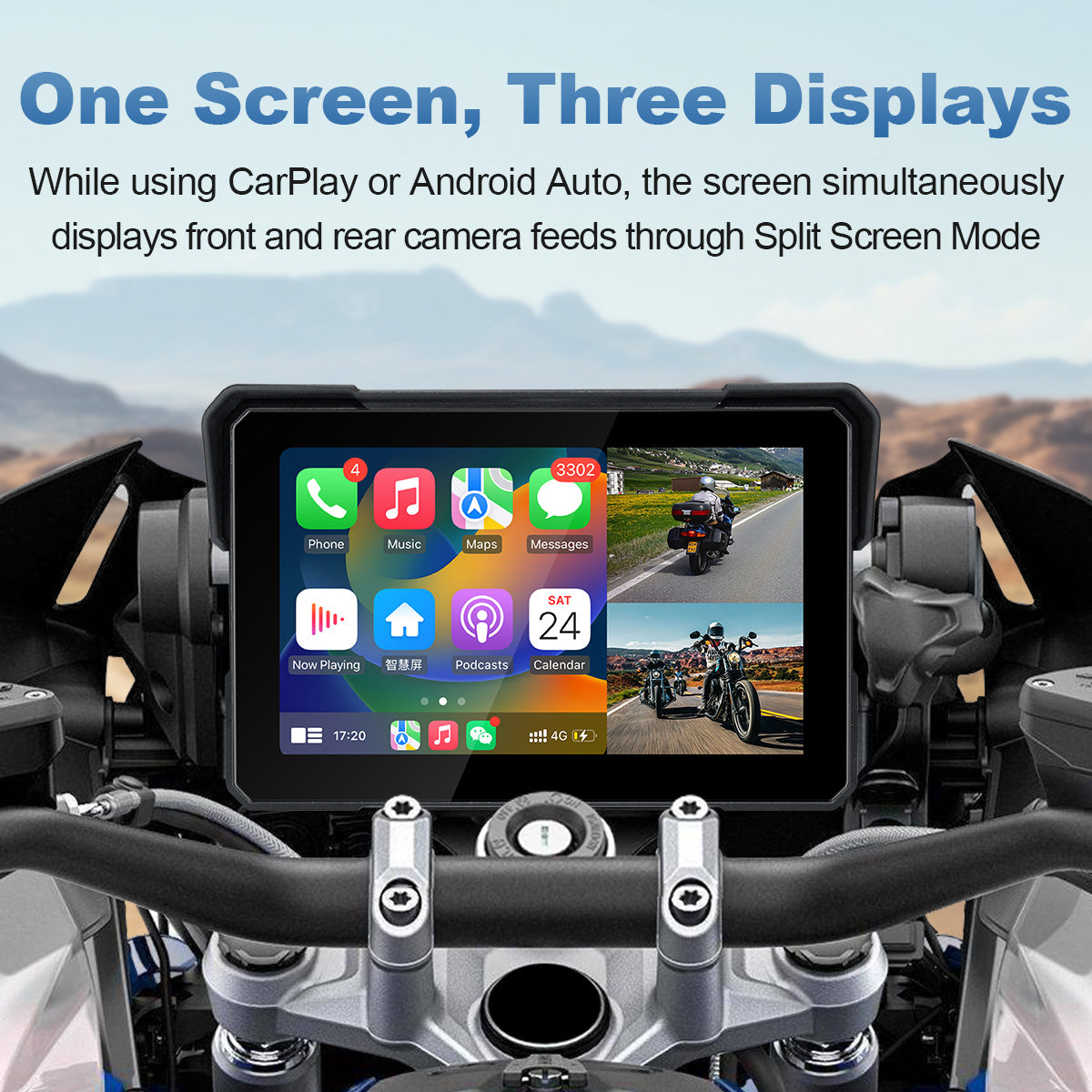 Linkifun™ MT24 7" 4G Motorcycle Smart Display – Wireless CarPlay & Android Auto, Remote Live Streaming, GPS, DVR & TPMS