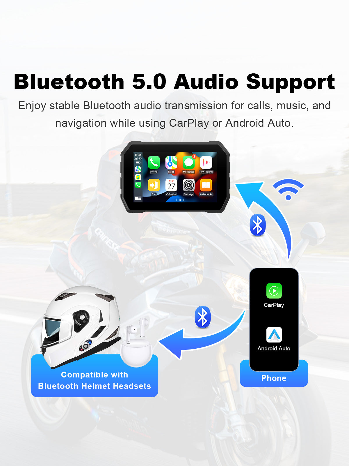 Linkifun MT2B 5 inch motorcycle navigation screen with Bluetooth 5.0 audio connection for wireless CarPlay, Android Auto, and helmet headse