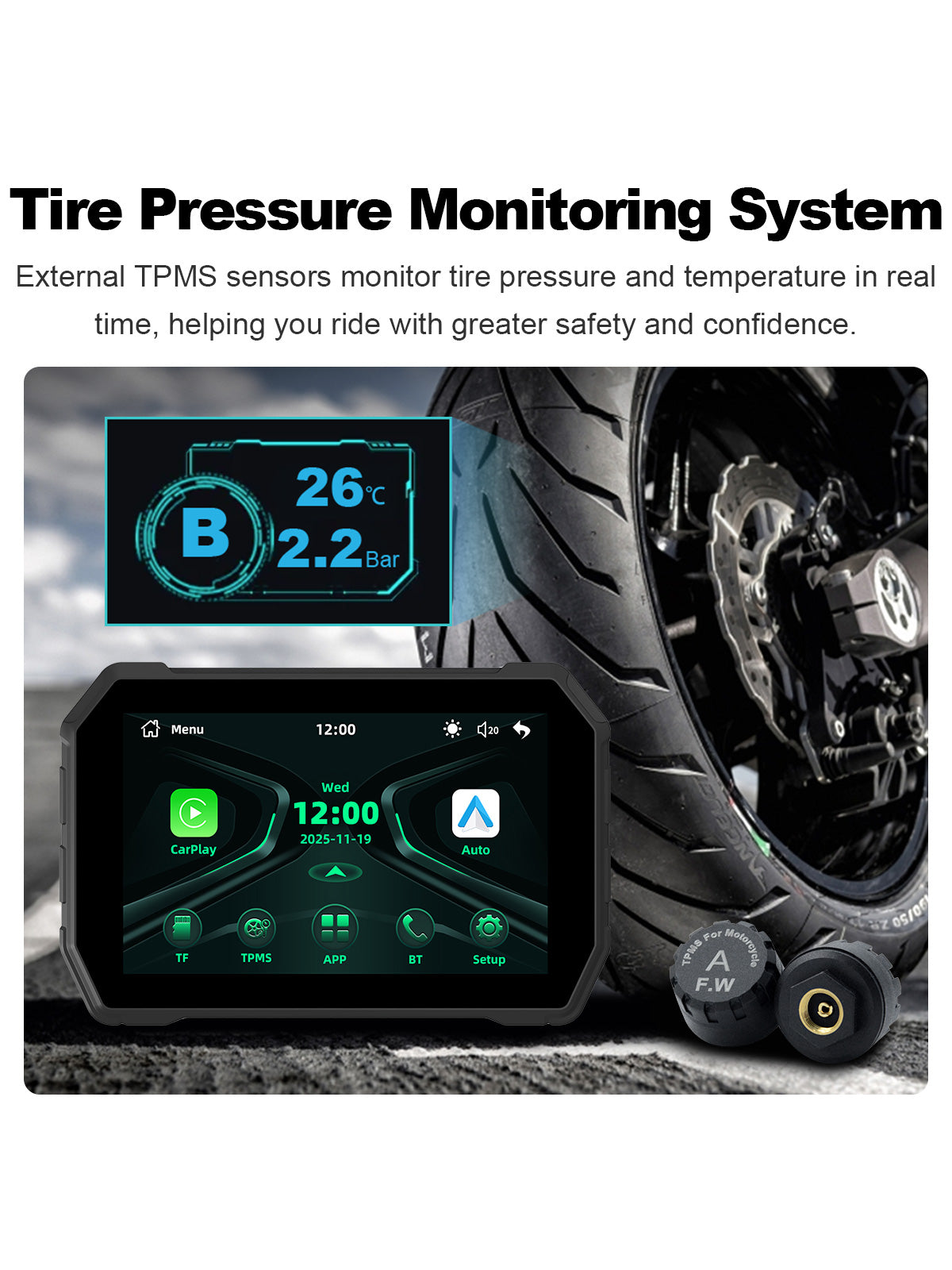 Linkifun MT2B 5 inch motorcycle navigation screen with optional TPMS for real-time tire pressure and temperature monitoring