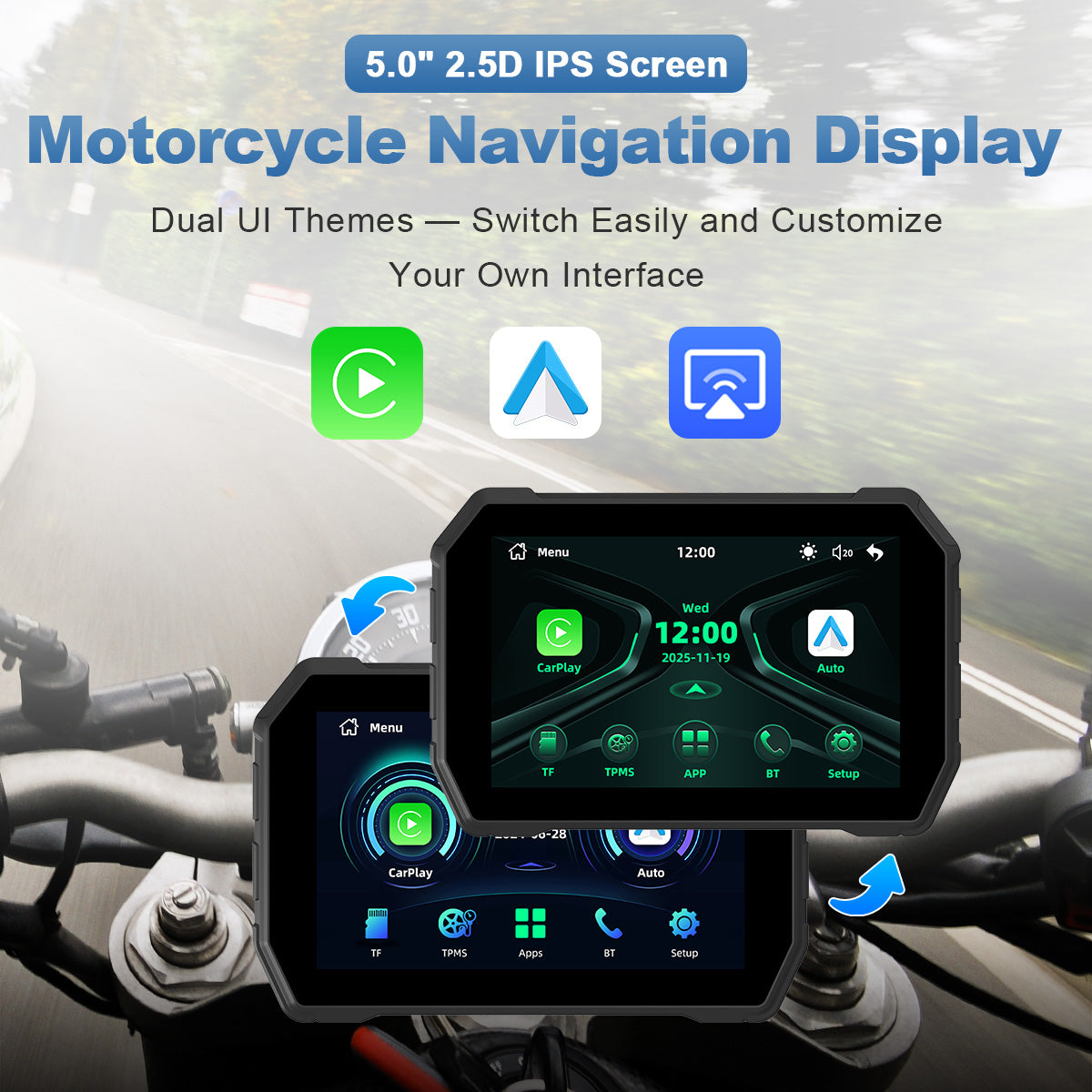 Linkifun™ MT2B 5" Motorcycle Screen with Wireless CarPlay, Android Auto, Phone Mirroring, IP67 Waterproof & Bluetooth 5.0