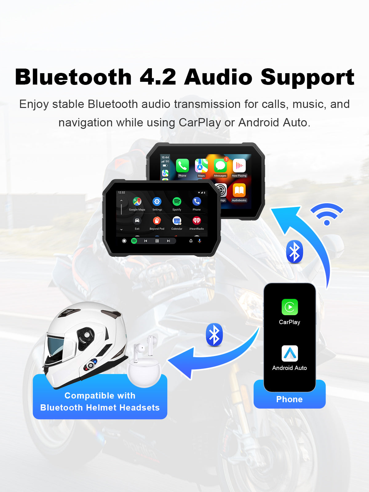 Linkifun MT2B-DVR 5 inch motorcycle navigation screen with Bluetooth 5.0 audio support for wireless CarPlay, Android Auto, helmet headset, and DVR recording