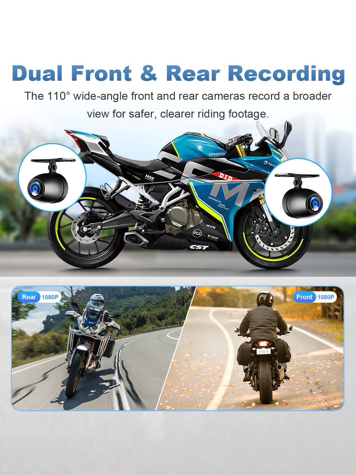 Linkifun MT2B-DVR 5 inch motorcycle navigation screen with dual front and rear 1080P DVR cameras and 110 degree wide-angle recording
