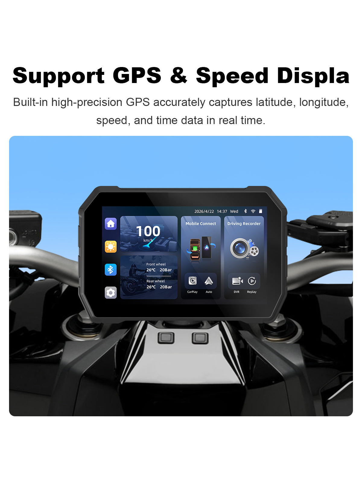 Linkifun MT2B-DVR 5 inch motorcycle navigation screen with GPS speed display, latitude longitude tracking, time data, and DVR recording