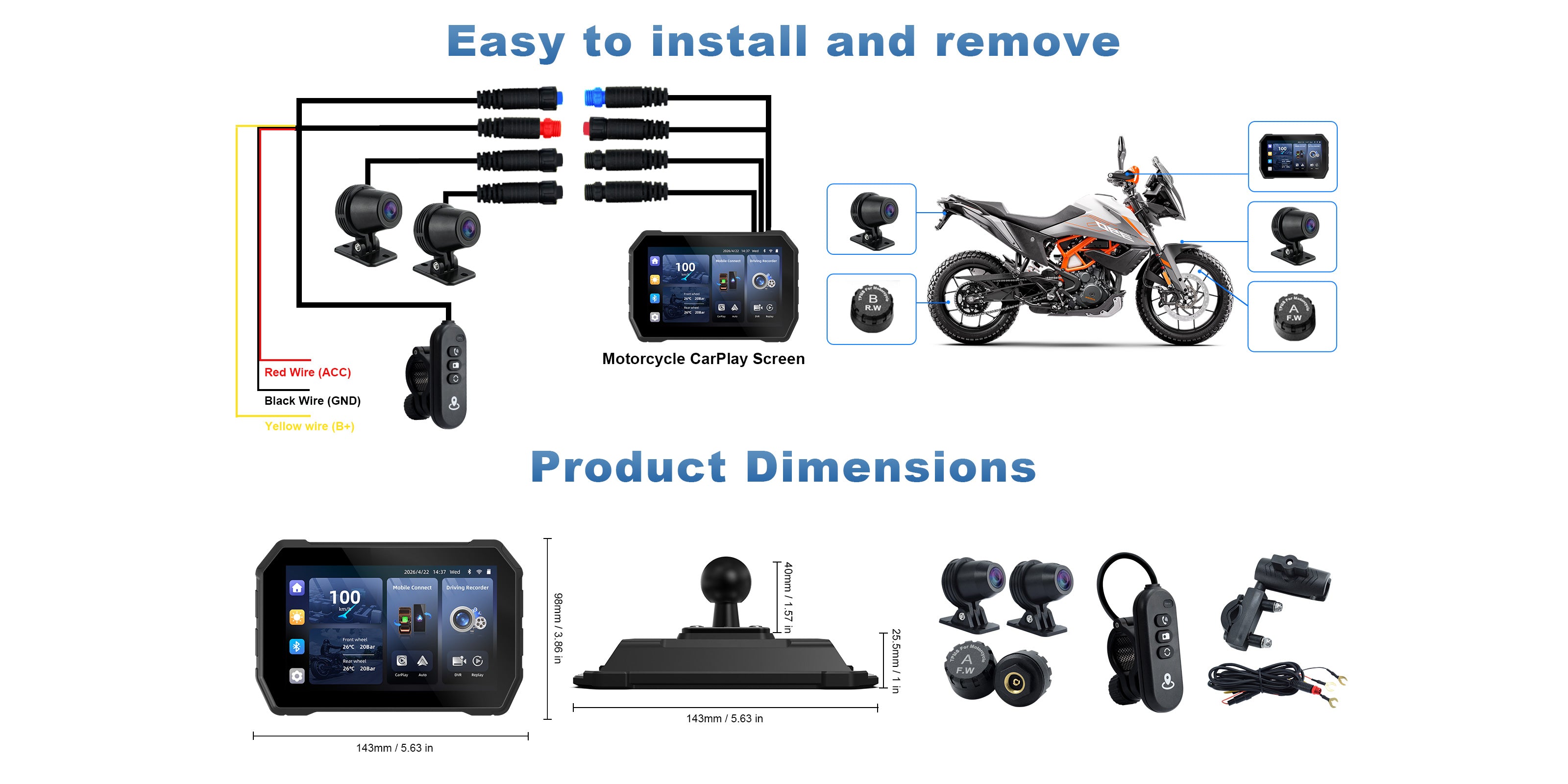 Linkifun MT2B-DVR 5 inch motorcycle navigation screen installation diagram with dual DVR cameras, optional TPMS sensors, wireless remote control, mounting bracket, and product dimensions