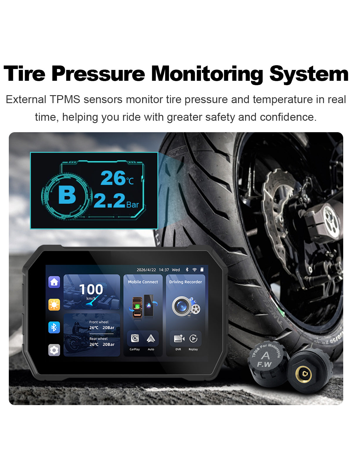Linkifun MT2B-DVR 5 inch motorcycle navigation screen with optional TPMS tire pressure and temperature monitoring and DVR recording