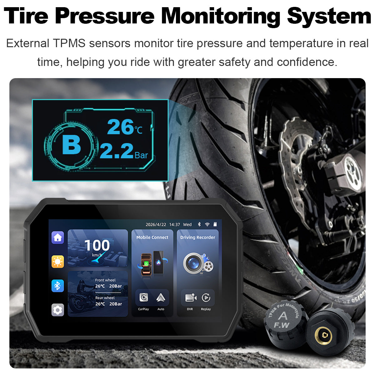 Linkifun™ MT2B+DVR 5" Motorcycle Navigation Screen with Wireless CarPlay, Android Auto, DVR Recording, Optional TPMS & IP67 Waterproof