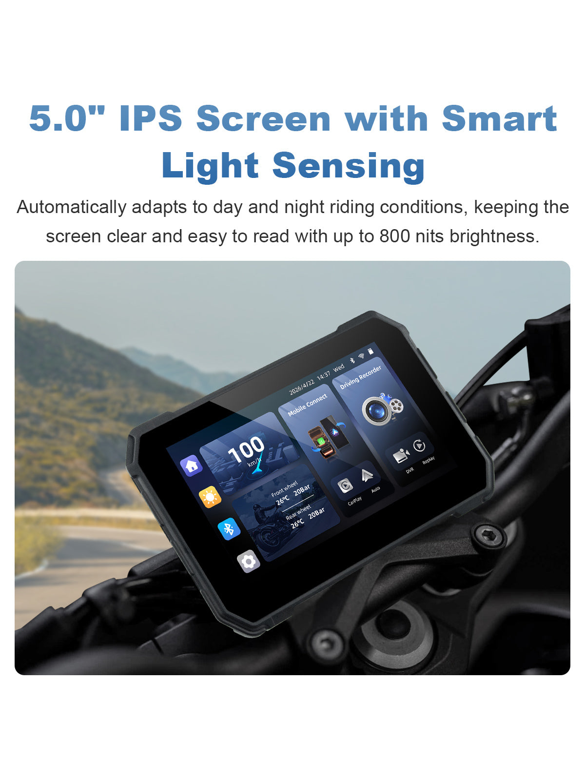 Linkifun MT2B-DVR 5 inch motorcycle navigation screen with smart light sensing, 800 nit IPS display, DVR recording, and clear day night visibility