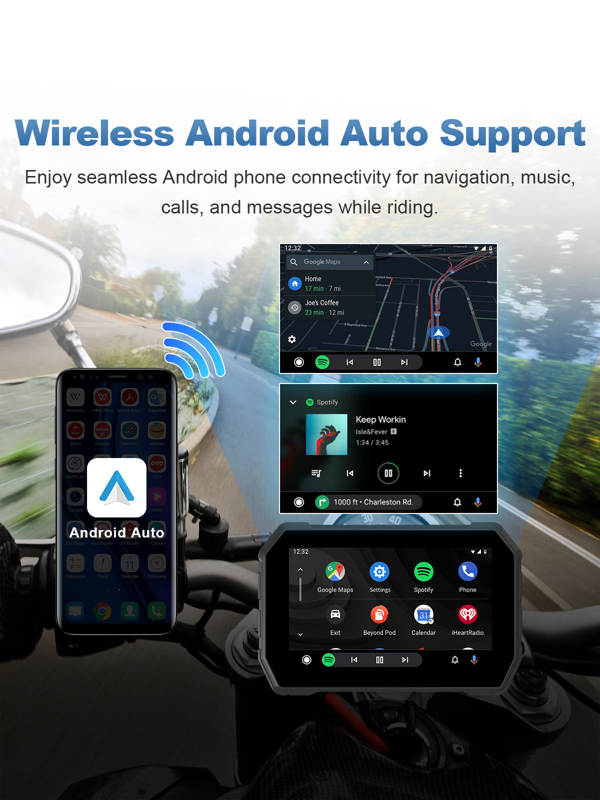 Linkifun MT2B-DVR 5 inch motorcycle navigation screen with wireless Android Auto, Google Assistant, and DVR recording