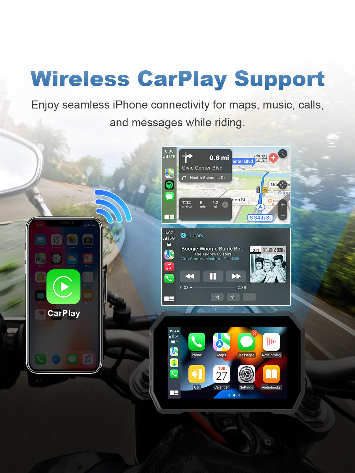Linkifun MT2B-DVR 5 inch motorcycle navigation screen with wireless Apple CarPlay, Siri voice control, and DVR recording