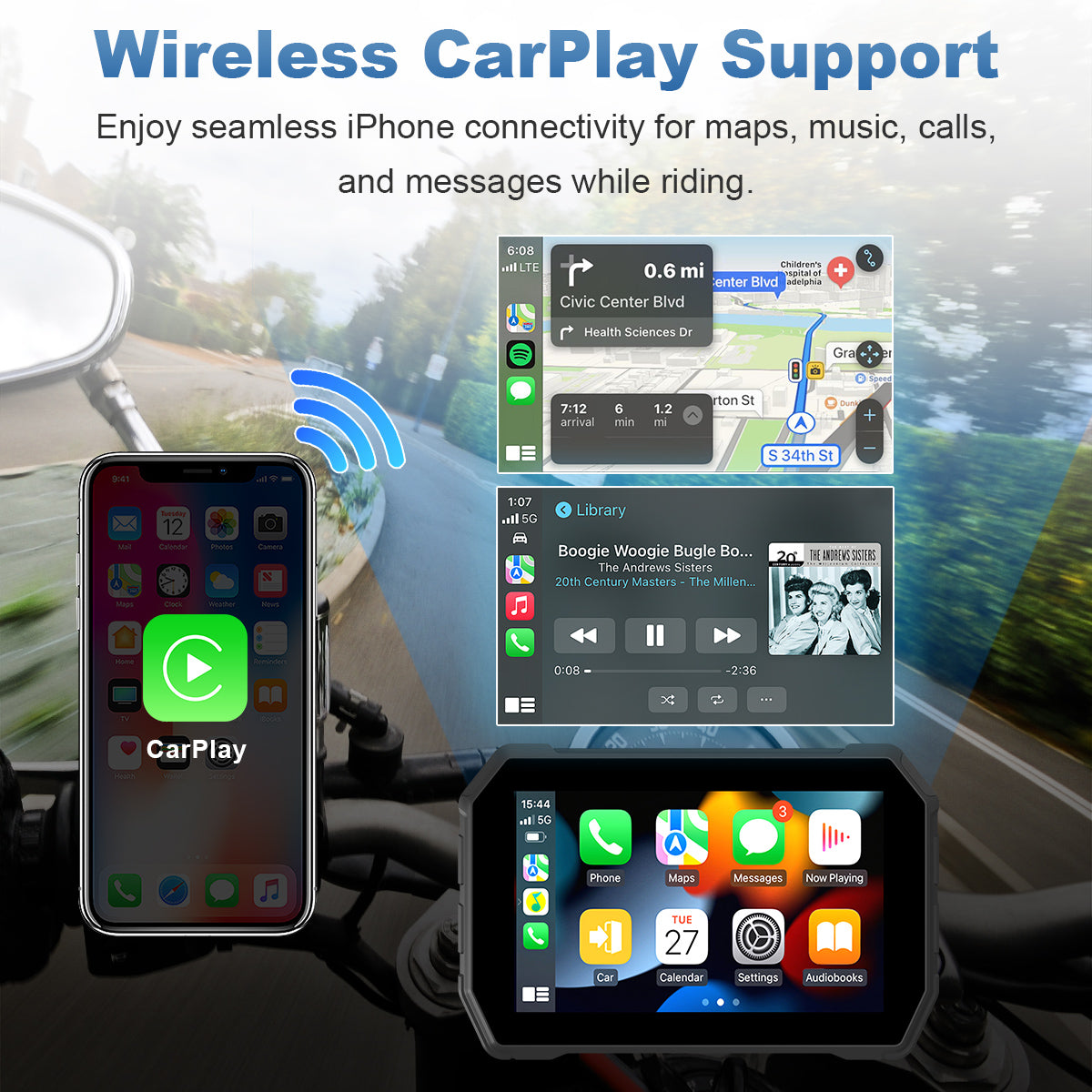 Linkifun™ MT2B+DVR 5" Motorcycle Navigation Screen with Wireless CarPlay, Android Auto, DVR Recording, Optional TPMS & IP67 Waterproof