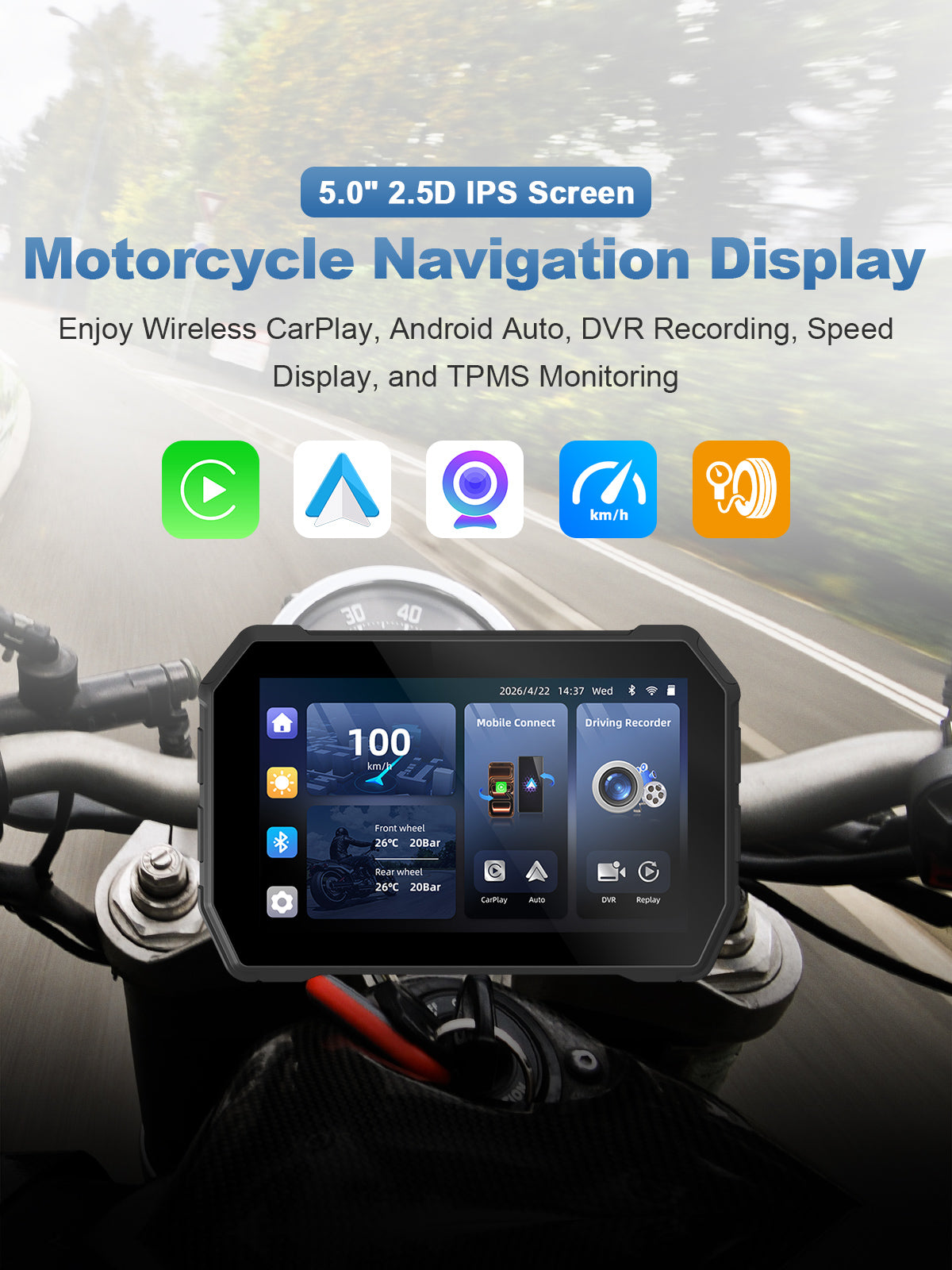 Linkifun MT2B-DVR 5 inch motorcycle navigation screen with wireless CarPlay, Android Auto, DVR recording, speed display, and optional TPMS monitoring