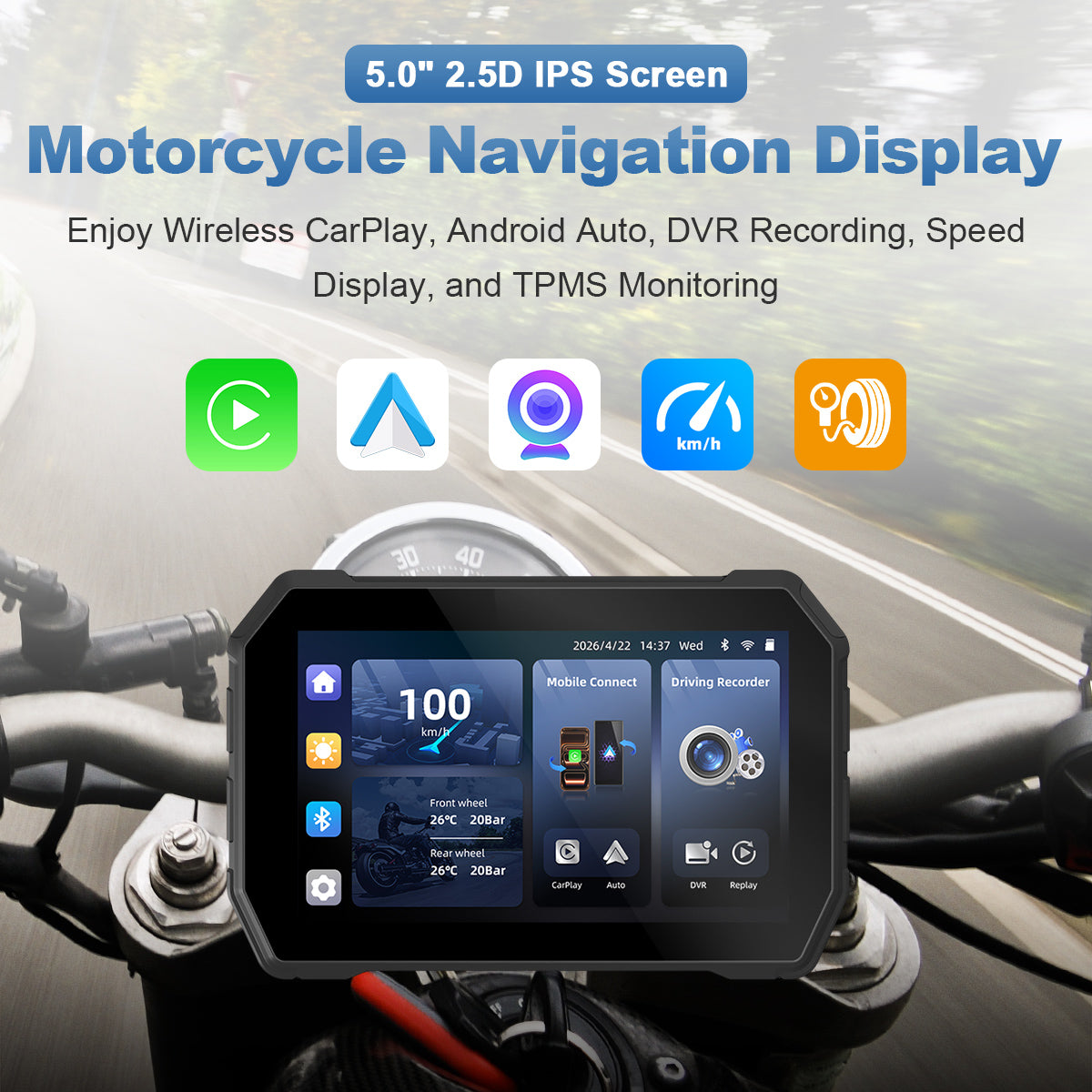 Linkifun™ MT2B+DVR 5" Motorcycle Navigation Screen with Wireless CarPlay, Android Auto, DVR Recording, Optional TPMS & IP67 Waterproof