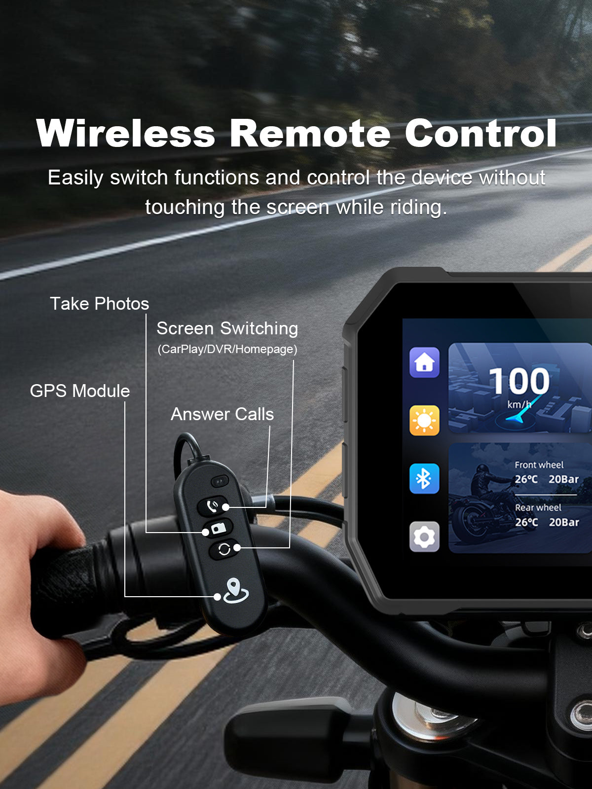Linkifun MT2B-DVR 5 inch motorcycle navigation screen with wireless remote control for CarPlay, DVR, call answering, photo capture, and GPS functions