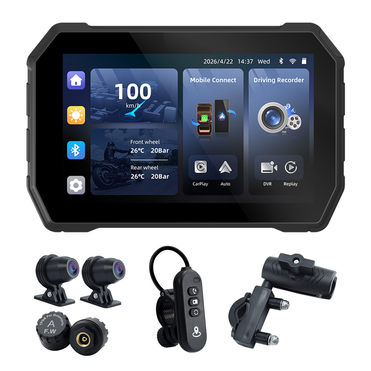 Linkifun™ MT2B+DVR 5" Motorcycle Navigation Screen with Wireless CarPlay, Android Auto, DVR Recording, Optional TPMS & IP67 Waterproof