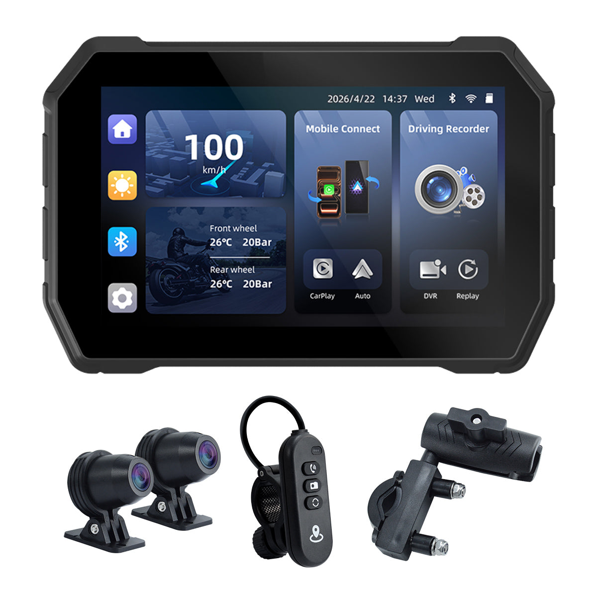 Linkifun™ MT2B+DVR 5" Motorcycle Navigation Screen with Wireless CarPlay, Android Auto, DVR Recording, Optional TPMS & IP67 Waterproof