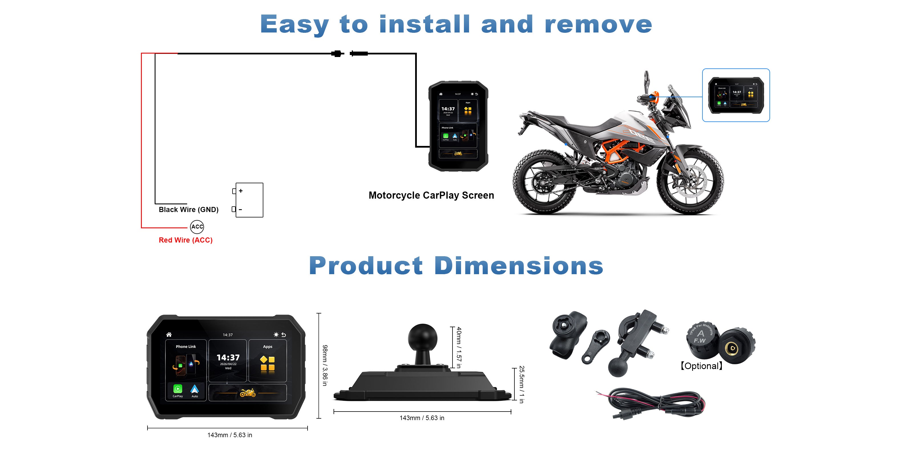 Linkifun MT2C 5-inch motorcycle navigation screen showing ACC power wiring, motorcycle installation, product dimensions, mounting bracket, power cable, and optional TPMS sensor
