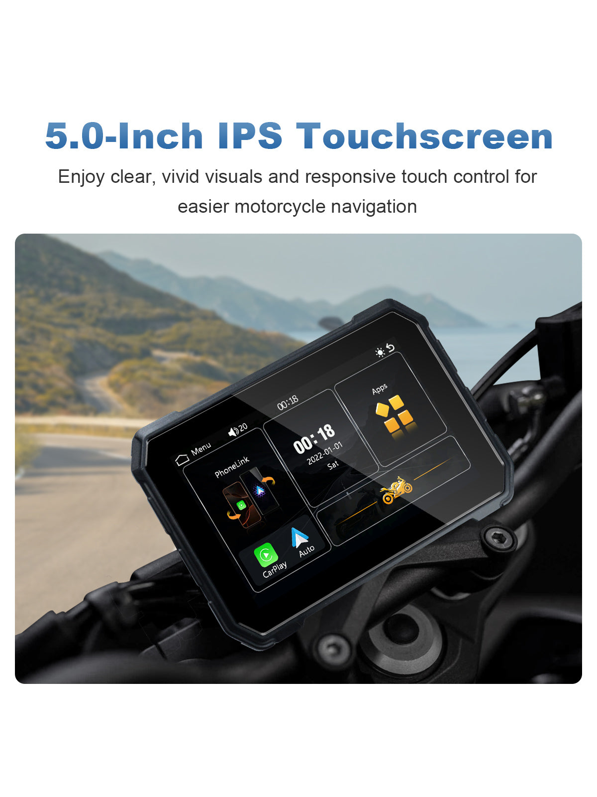Linkifun MT2C 5-inch motorcycle navigation screen with a clear IPS touchscreen for responsive control and easy navigation viewing
