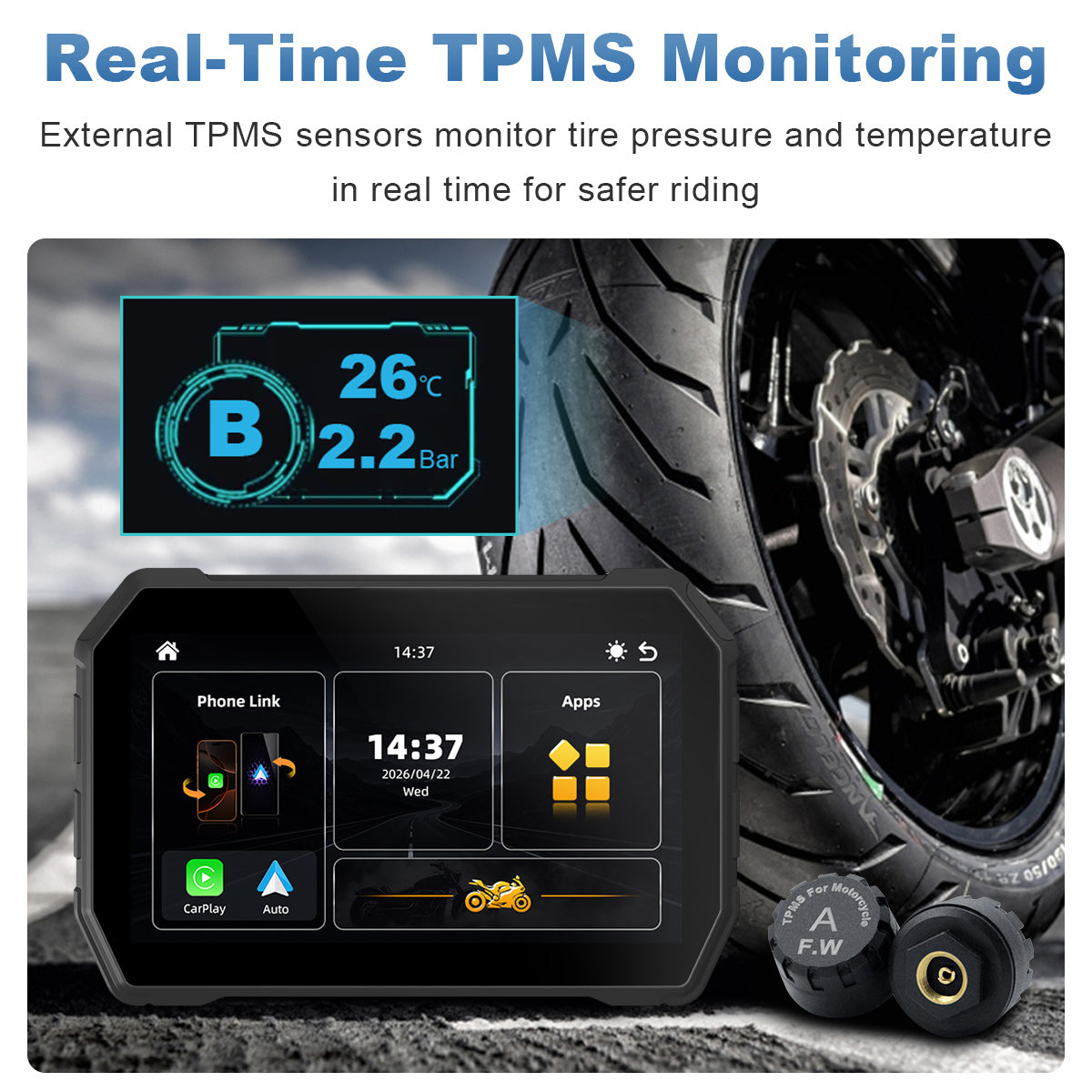 Linkifun™ MT2C 5" Motorcycle Navigation Screen with Wireless CarPlay & Android Auto, Portrait & Landscape Mode, Single Bluetooth, Optional TPMS