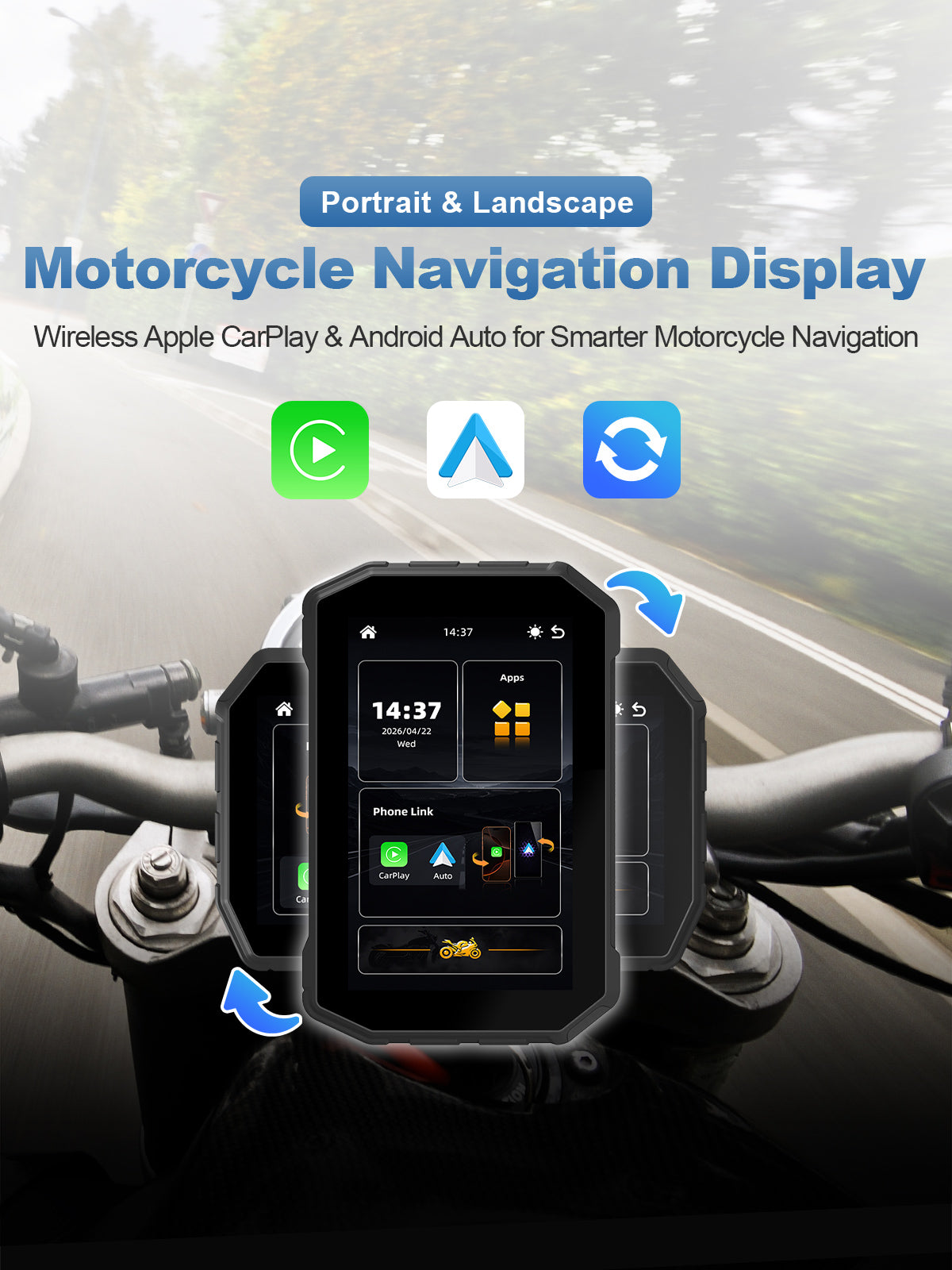 Linkifun MT2C 5-inch motorcycle navigation screen with portrait and landscape modes, wireless Apple CarPlay, and Android Auto