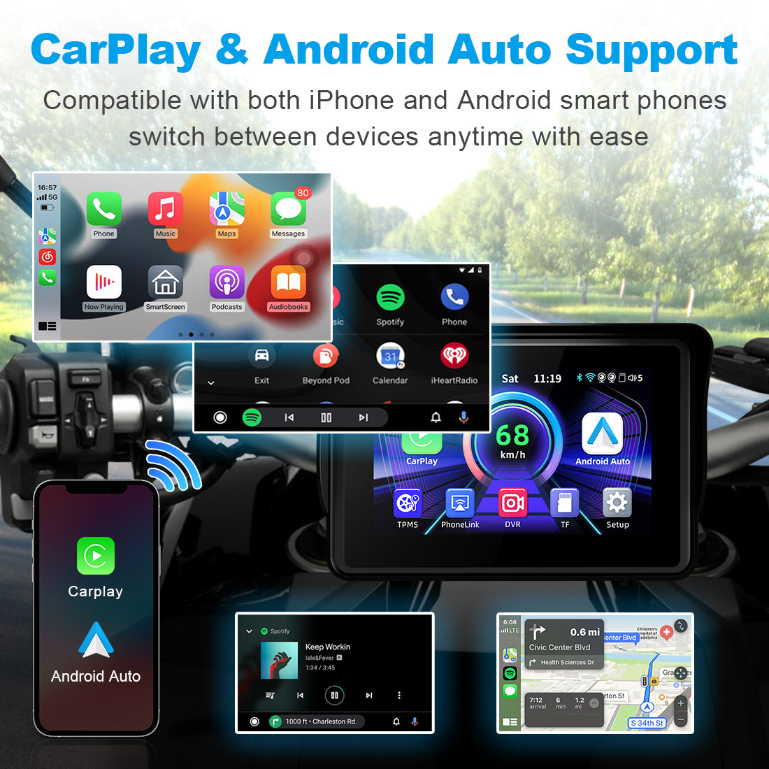 Linkifun MT3 5-inch motorcycle navigation screen with wireless CarPlay and Android Auto for hands-free navigation, music, and calls.