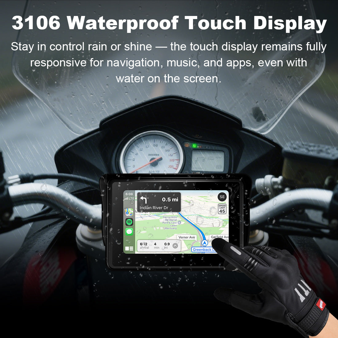 Motorcycle navigation screen with 3106 waterproof touch display, fully responsive for navigation, music, and apps in rain or wet conditions.